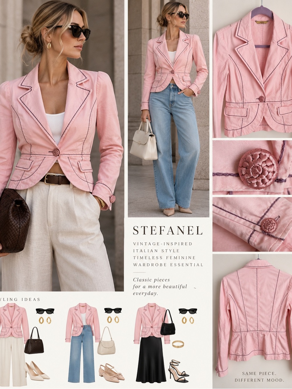 Stefanel Y2K Pink Cotton Tailored Blazer Contrast Stitching โ Made in Serbia